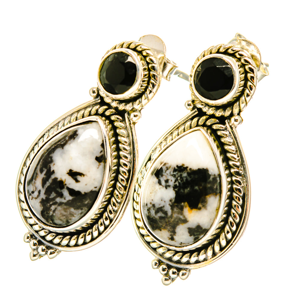 Gold-tone teardrop earrings with white-and-black dendritic agate drops and black studs
