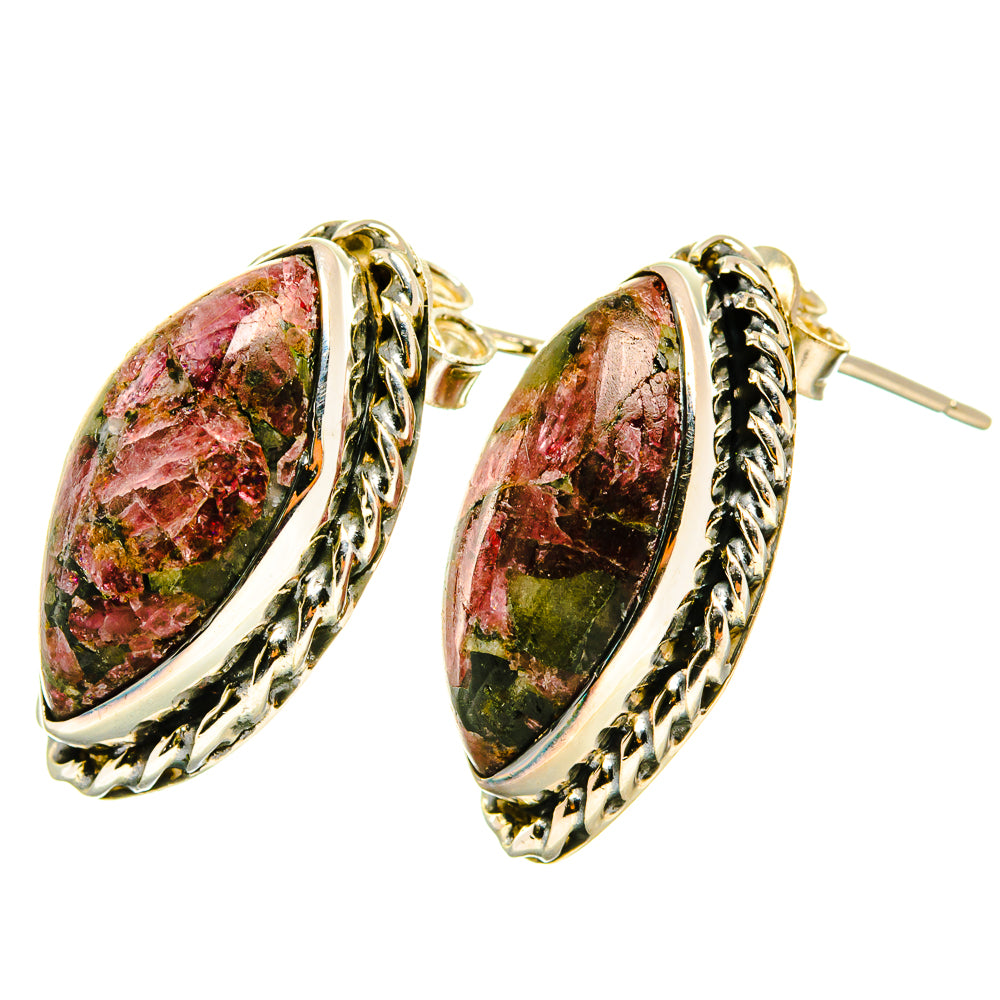 Oval eudialyte earrings, silver-tone braided frame with lever-back hooks