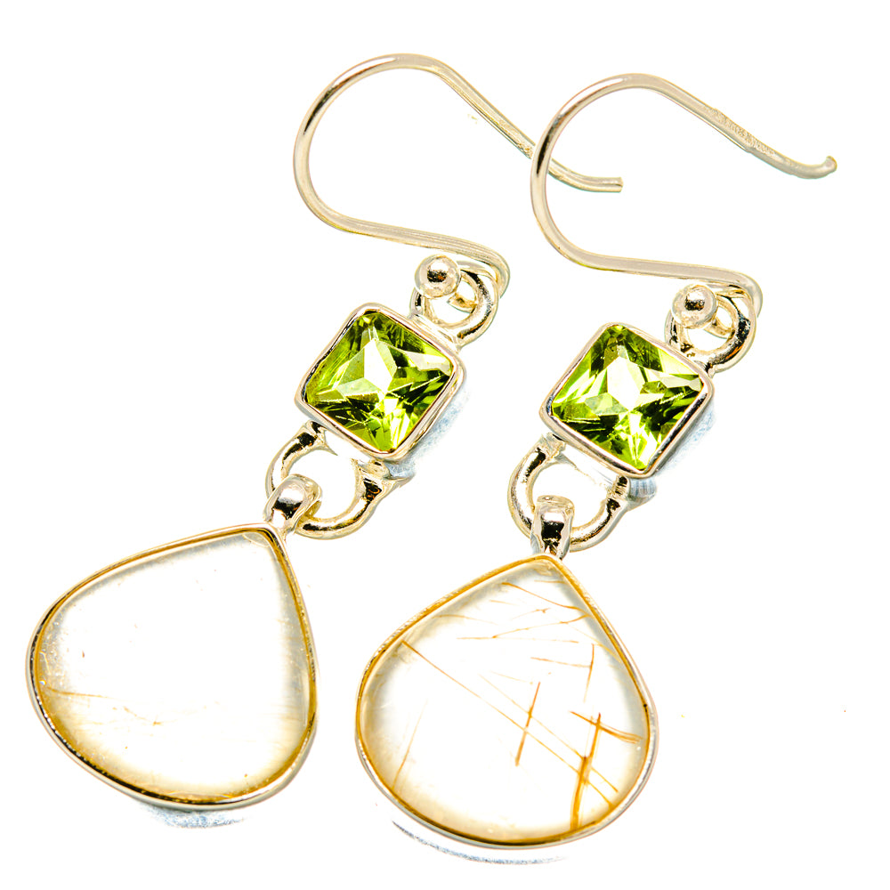 Dangle earrings with green square stones and pear-shaped clear stones, hinged hooks