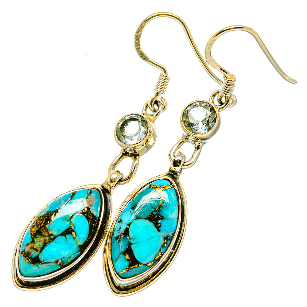 Gold drop earrings with oval turquoise cabochons and round clear stones