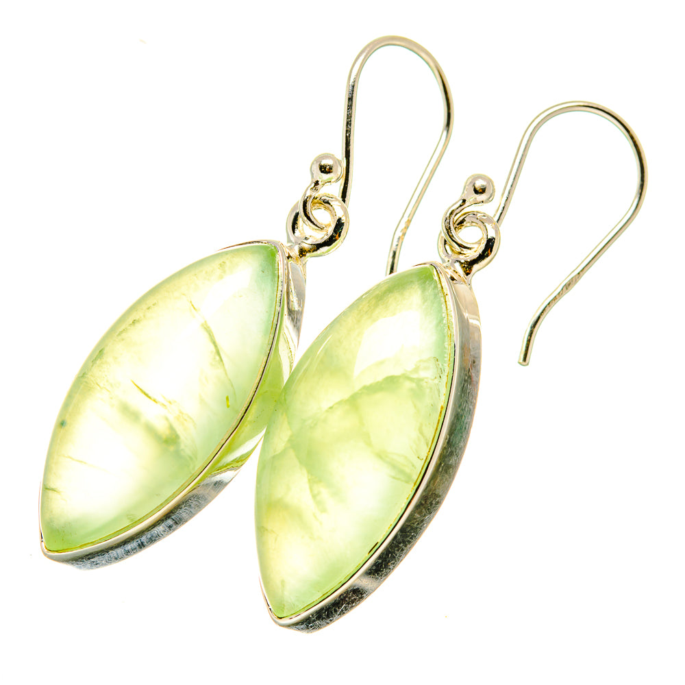 Silver hook earrings with two pale green teardrop prehnite stones, curved bezel
