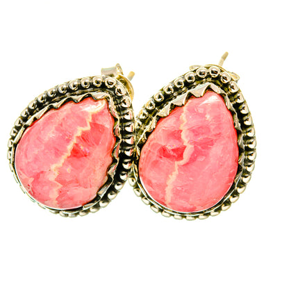 Pink rhodochrosite teardrop earrings with ornate 925 sterling silver settings and hooks.