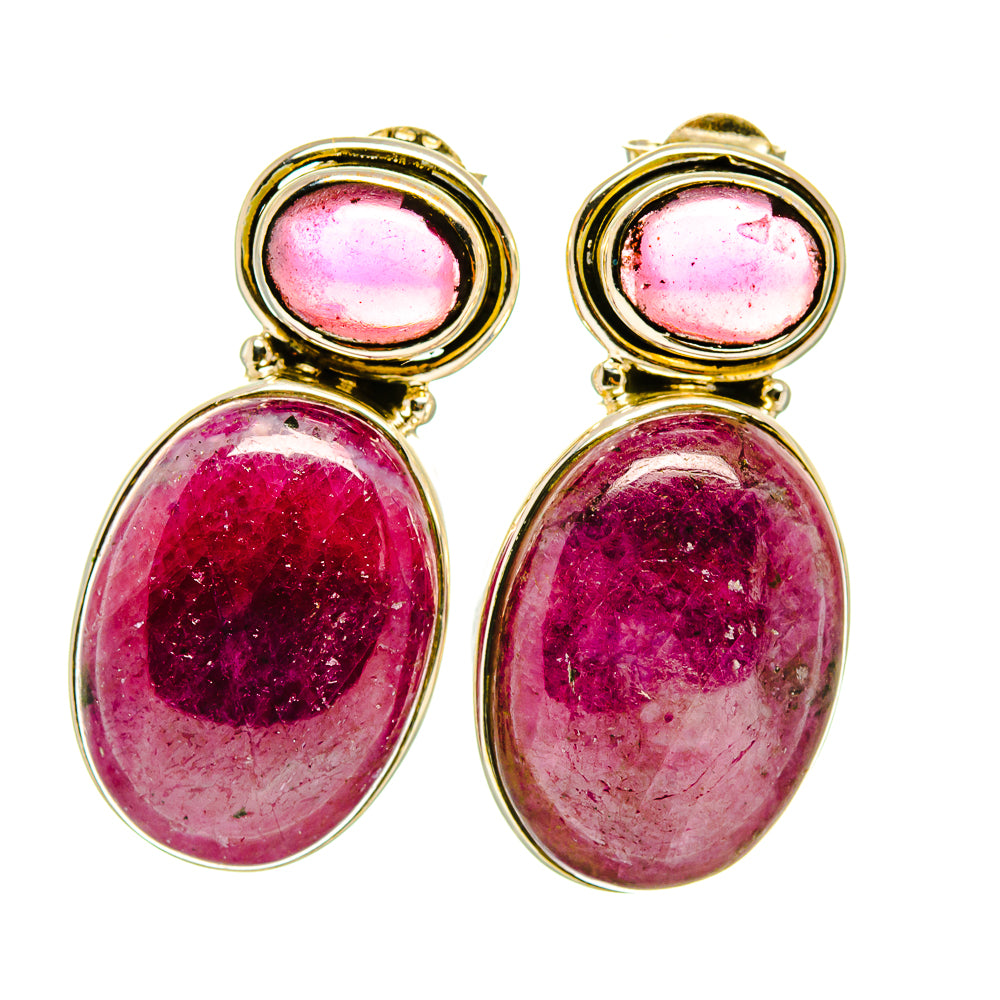 Oval ruby fuchsite and amethyst drop earrings, bezel-set stones in 925 sterling silver