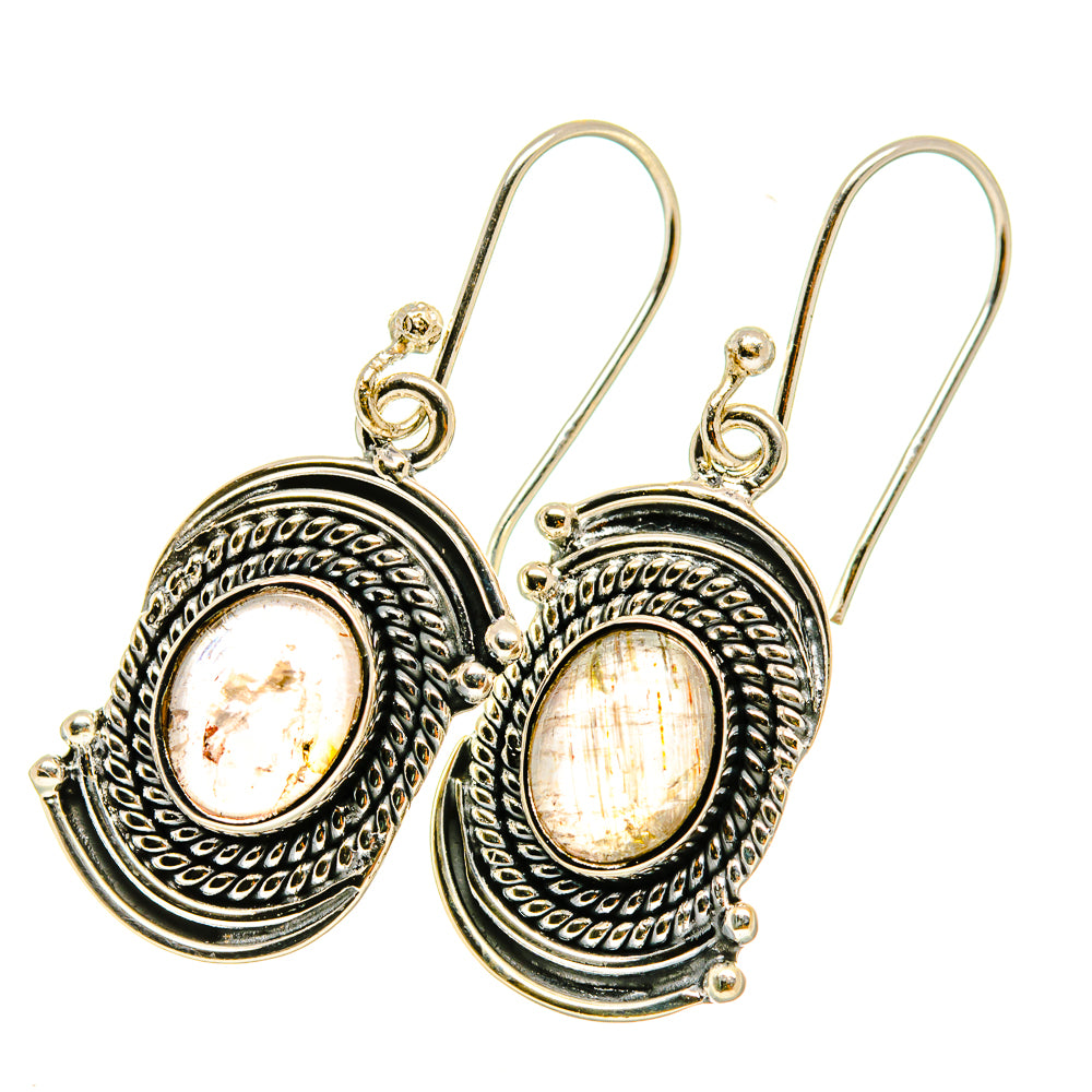 Oval rutilated quartz drop earrings with wire hooks and detailed bezel settings