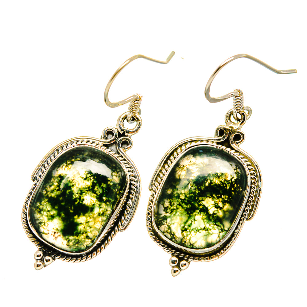 Green moss agate oval drop earrings in 925 sterling silver, fishhook backs