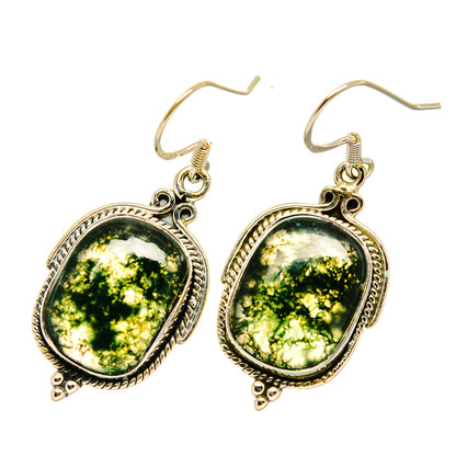 Green moss agate oval drop earrings in 925 sterling silver, fishhook backs