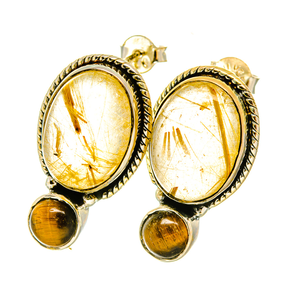 Tiger eye and rutilated quartz stud earrings with oval gold bezels and round drops