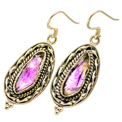 Rough amethyst drop earrings, oval silver-tone settings with hook backs