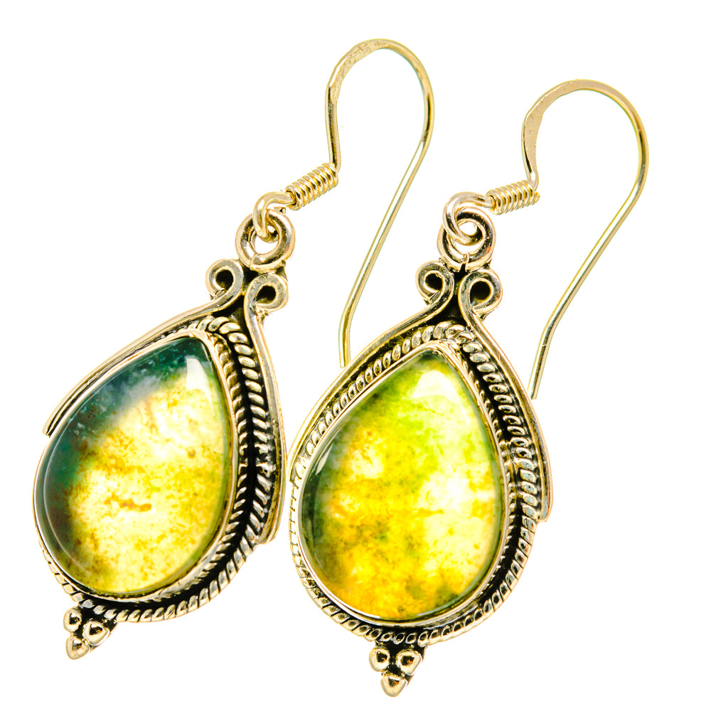 Green moss agate teardrop earrings, ornate silver bezel, fishhook drops