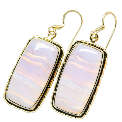 Sterling silver lace agate rectangle drop earrings, blue banding, fishhook backs
