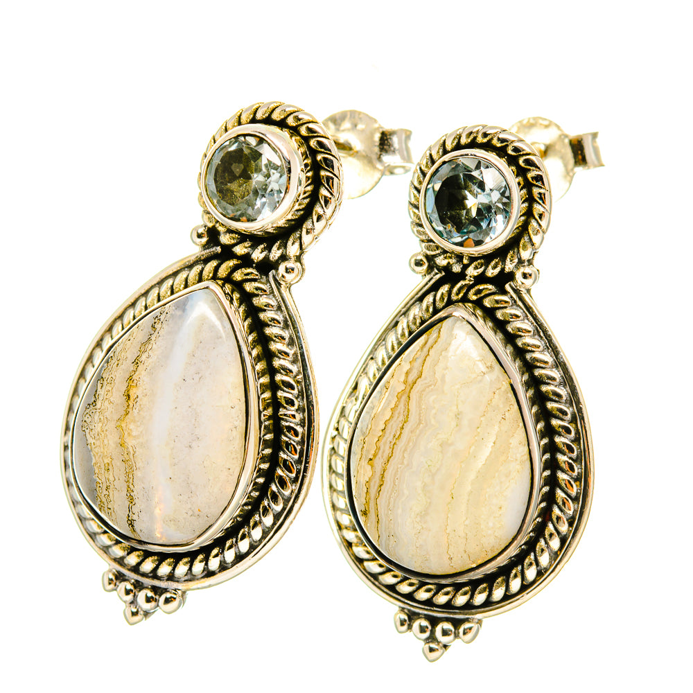 Gold teardrop earrings with round blue-green stone and white oval drop
