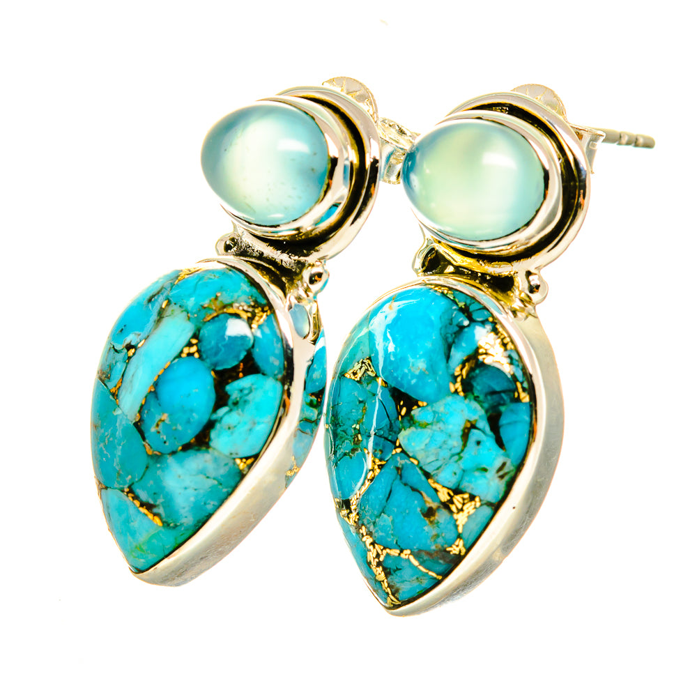 Turquoise teardrop earrings with oval top stones, silver hooks, gold-tone bezels