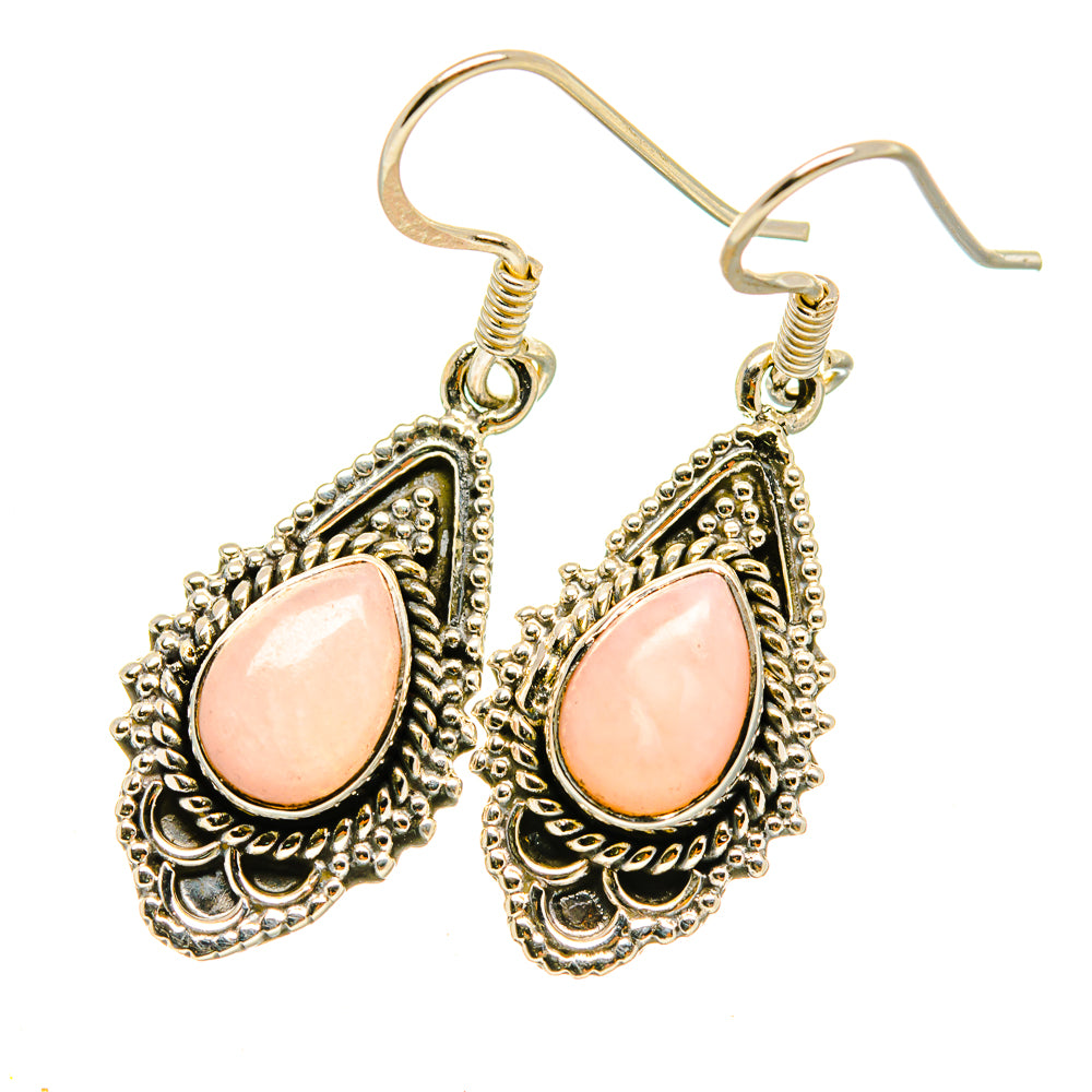 Pink opal teardrop earrings in 925 sterling silver, ornate gold-tone beaded edges