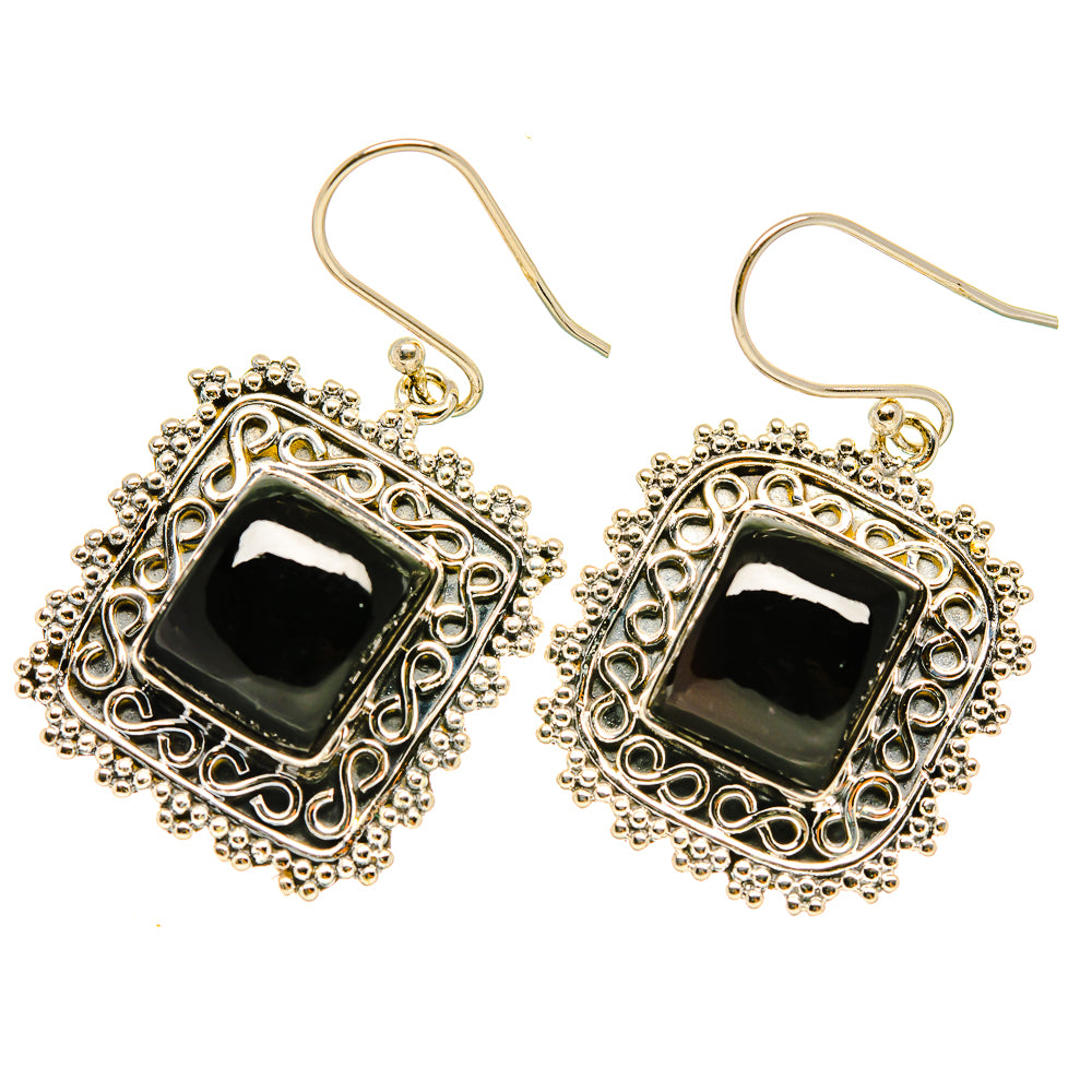 Gold-tone filigree square black onyx drop earrings with French hook backs