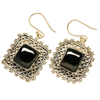 Gold-tone filigree square black onyx drop earrings with French hook backs