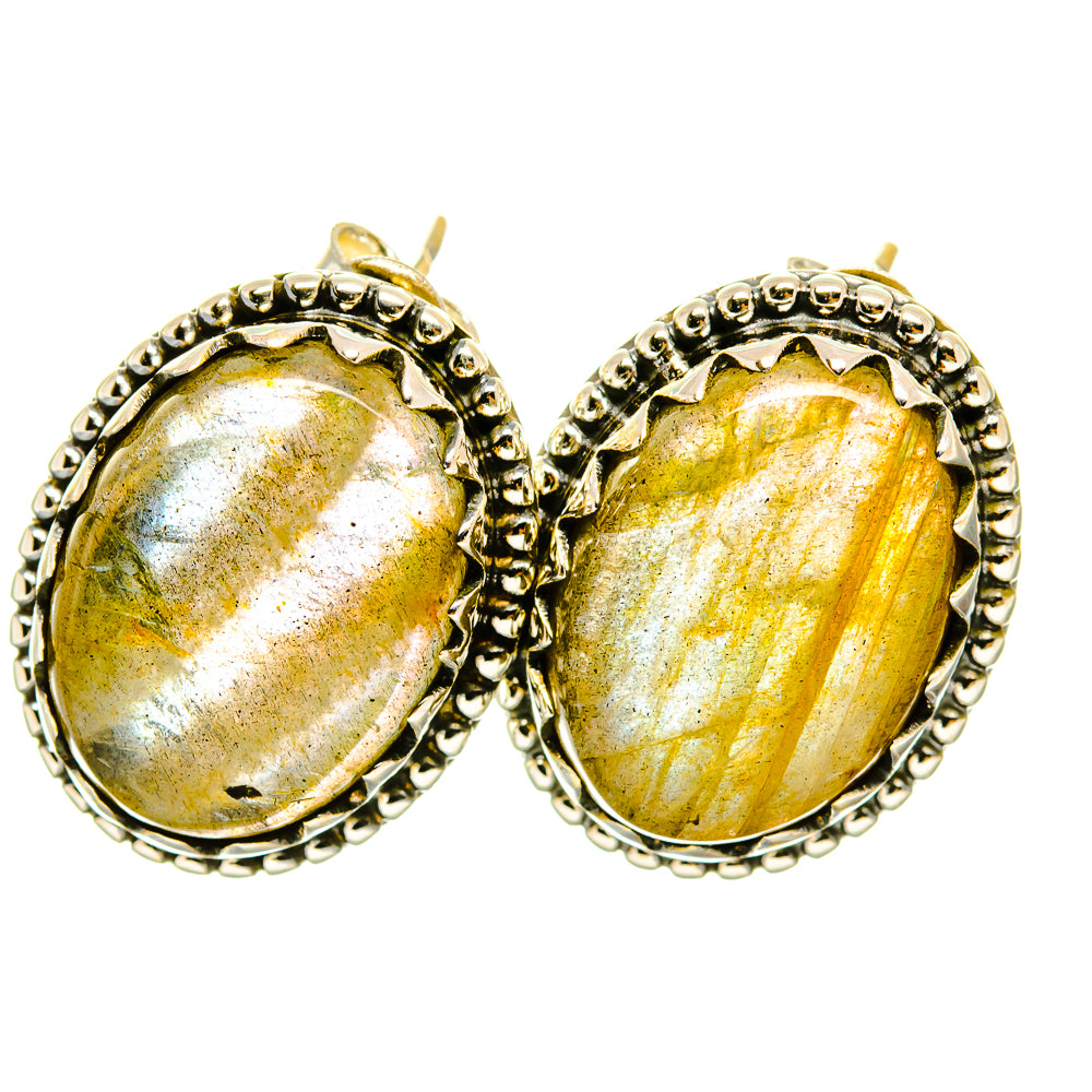 Labradorite stud earrings, oval silver-framed stones with yellow-green sparkle