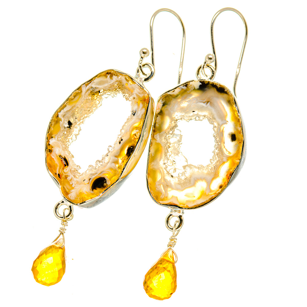 Citrine geode druzy earrings with oval gold-toned stone and dangling citrine teardrops