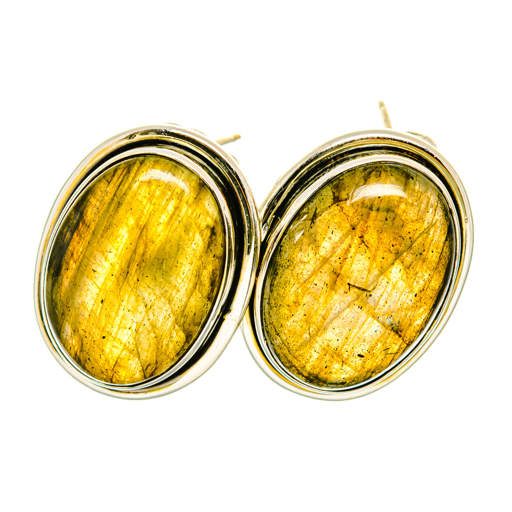 Labradorite stud earrings with oval yellow-gold cabochons in 925 sterling silver