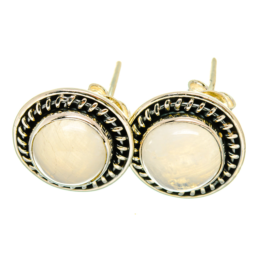 Sterling silver moonstone earrings with round opalescent cabochons and stud posts