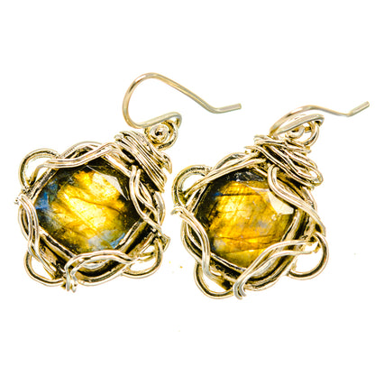 Wire-wrapped labradorite earrings, 925 sterling silver, blue-gold flash oval stones