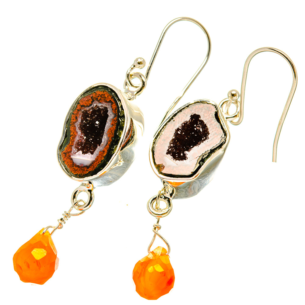Sterling silver earrings with druzy geode stones and orange carnelian drop beads