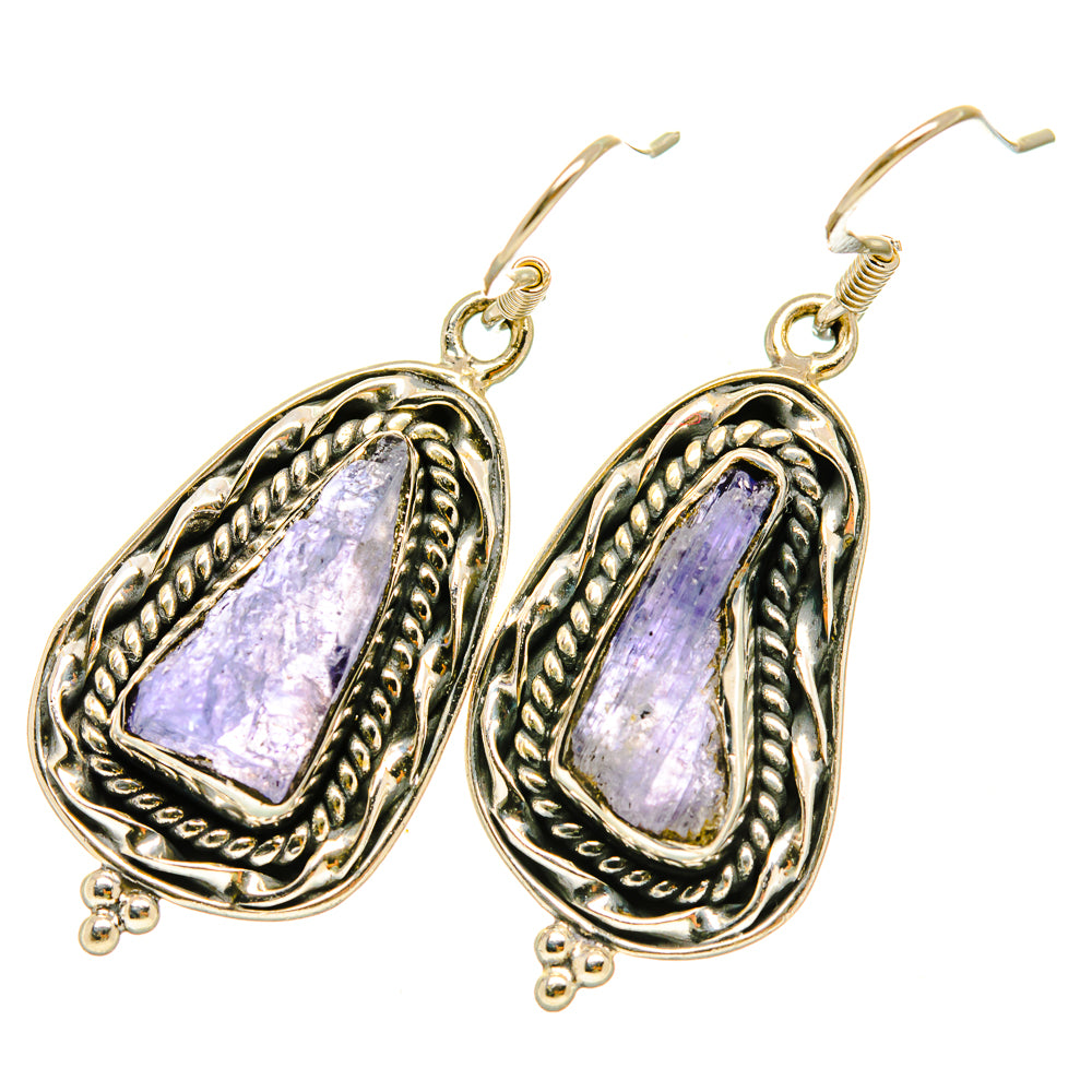Pair of rough tanzanite sterling silver drop earrings with purple stones and bead details