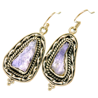 Pair of rough tanzanite sterling silver drop earrings with purple stones and bead details
