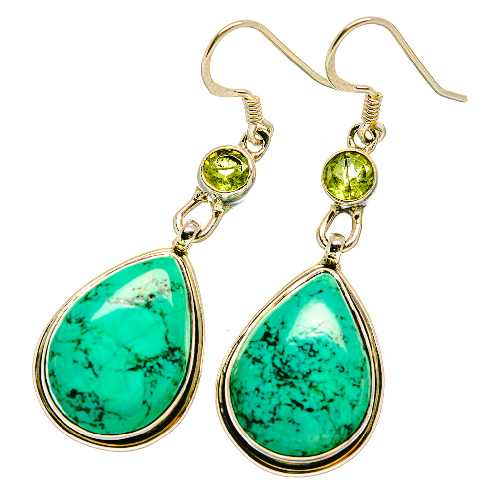 Chrysocolla and peridot teardrop earrings in 925 sterling silver, green round and turquoise drop