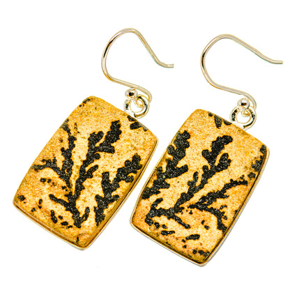 Dendrite stone drop earrings in yellow with black branch pattern, silver hooks