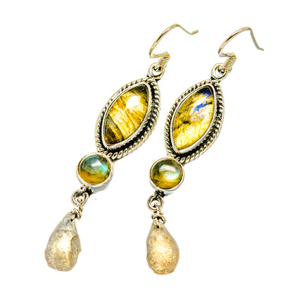 Silver-tone labradorite drop earrings with oval stones, green beads, and teardrop dangles