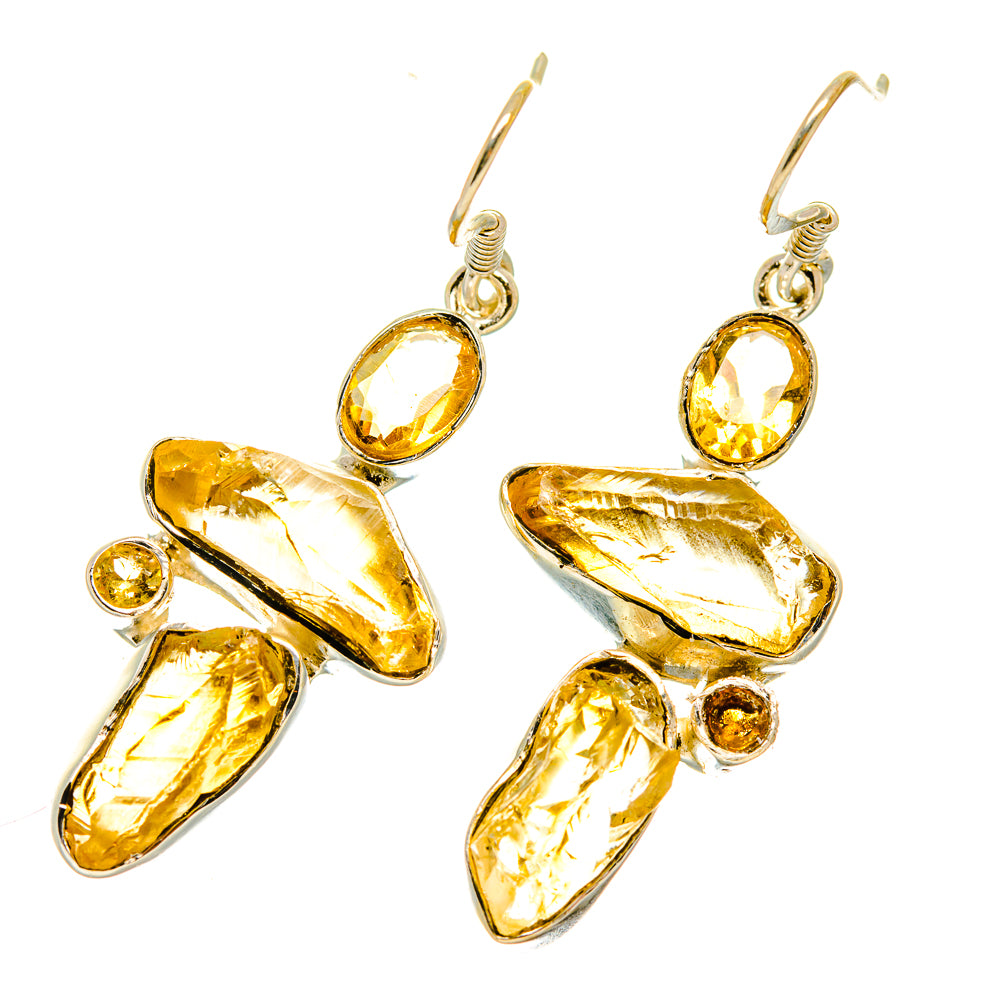 Rough citrine sterling silver earrings with dangling yellow crystal drops and small round accents
