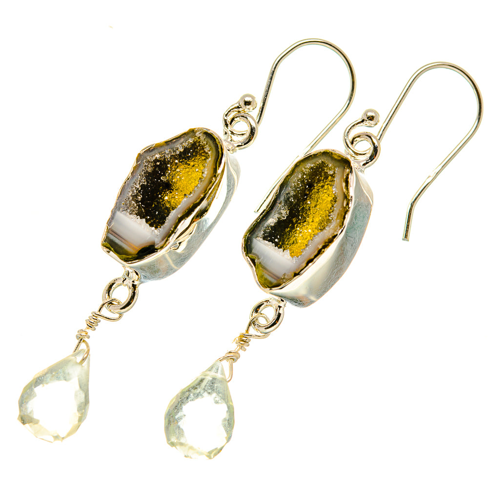 Gold-tone geode druzy earrings with clear teardrop quartz dangles and sterling hooks