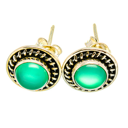 Green onyx stud earrings with round cabochon, ornate sterling silver setting and posts
