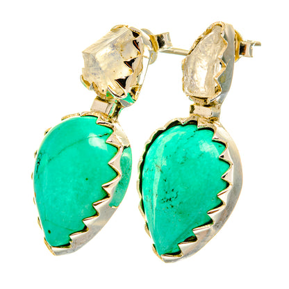 Turquoise rough-stone dangle earrings with silver bezel and clear top accents