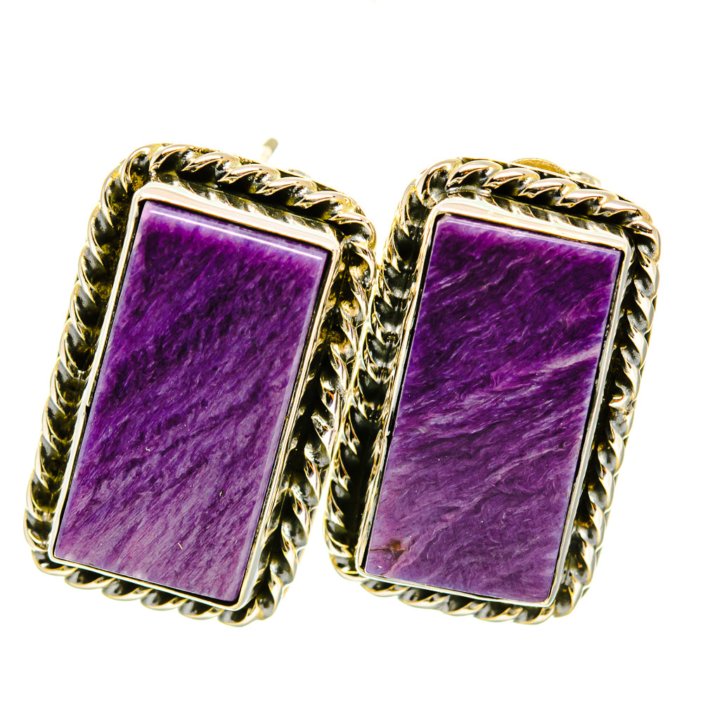 Charoite earrings, rectangular purple stone with rope bezel and silver finish