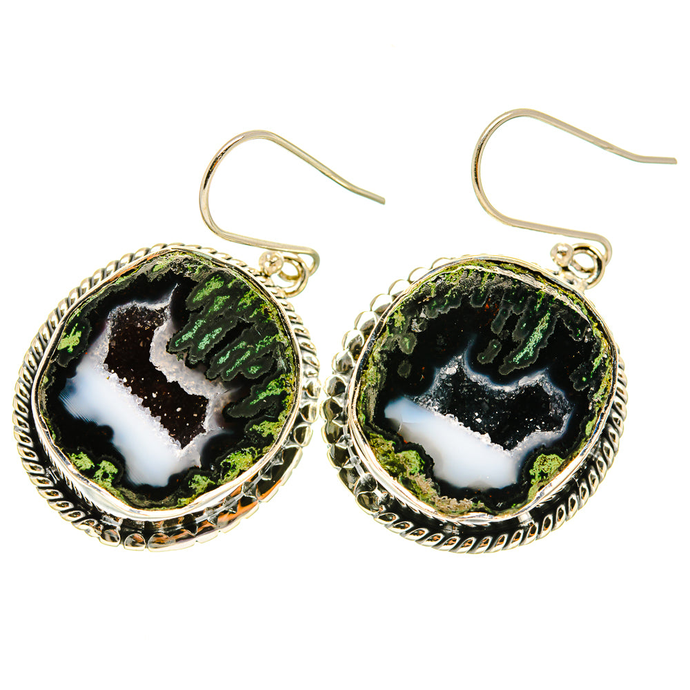 Pair of round druzy geode earrings with green-black cabochons and silver fishhooks