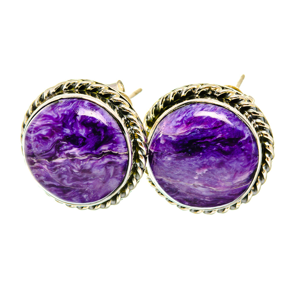 Purple charoite stud earrings in 925 sterling silver round bezel setting