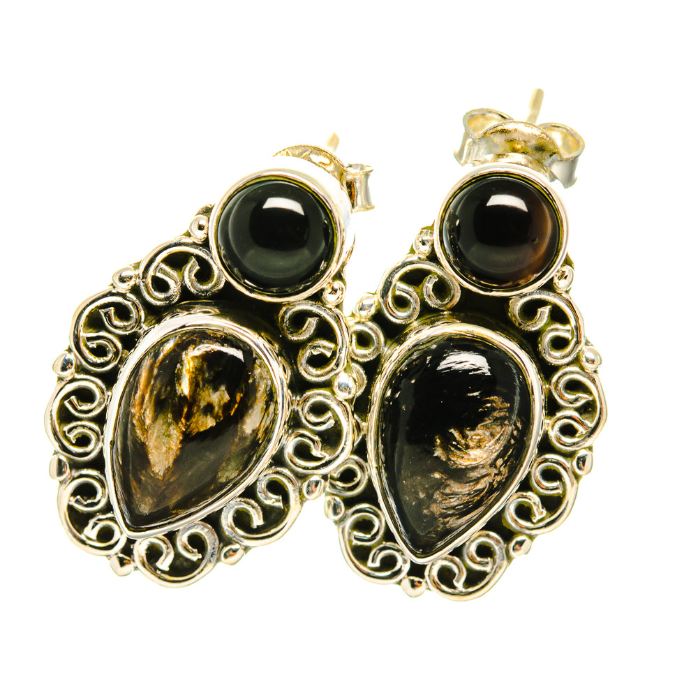 Filigree black onyx earrings with round posts and teardrop cabochons in gold-tone settings