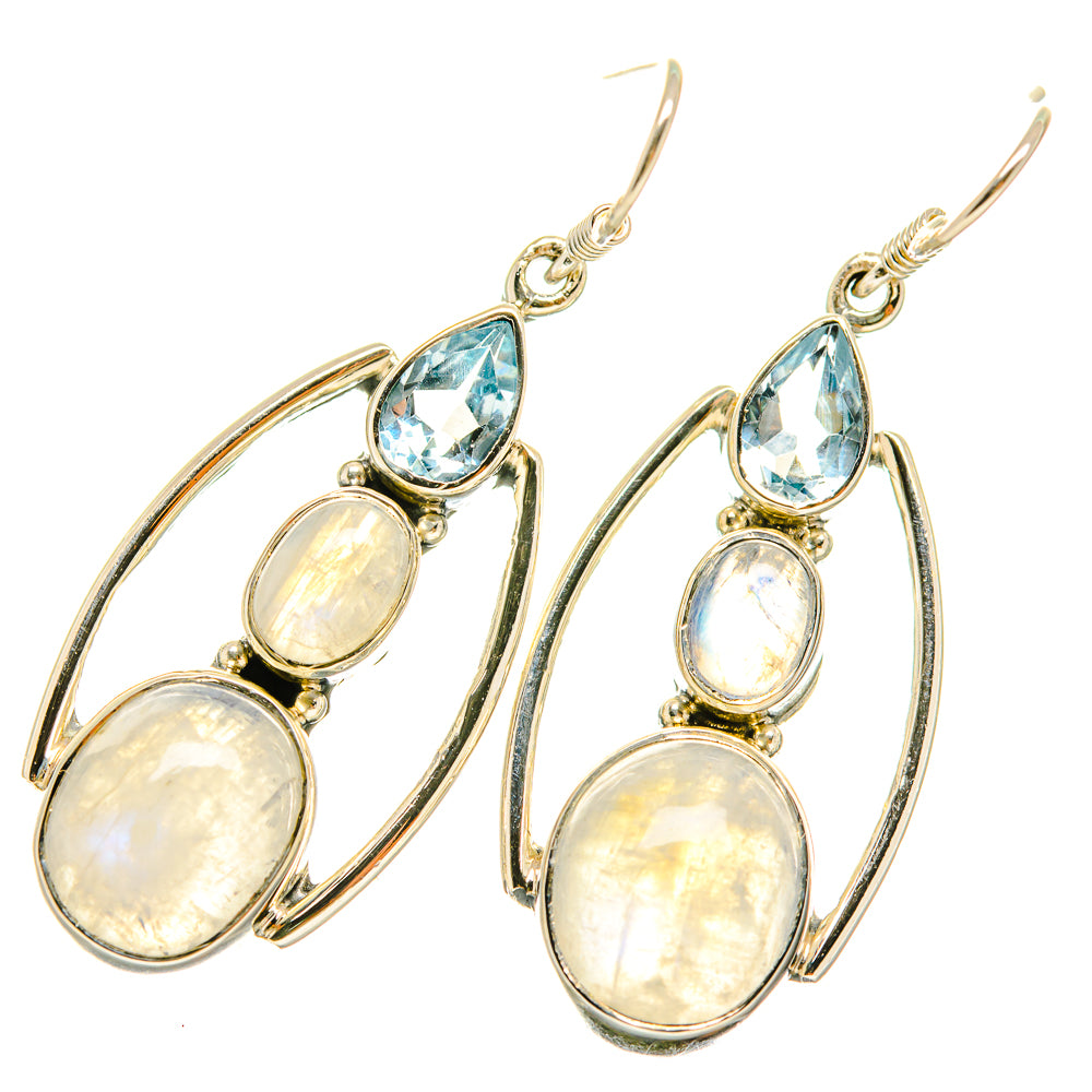 Sterling silver teardrop hoop earrings with blue topaz-style and opal-like moonstone