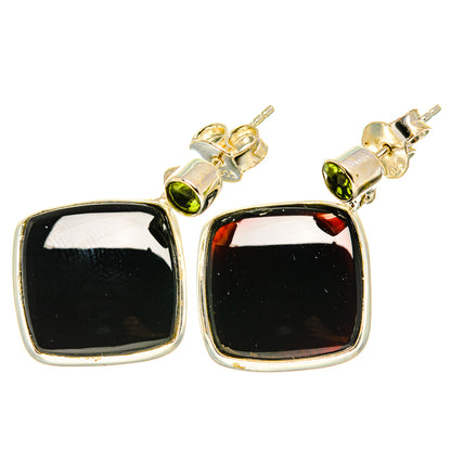Sterling silver onyx and peridot drop earrings, black square centers with green round stone caps