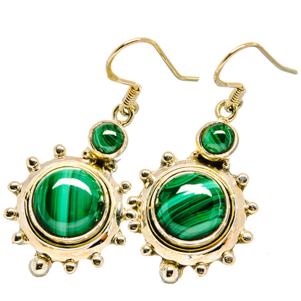 Round green malachite drop earrings with ornate bezel and gold-tone hooks