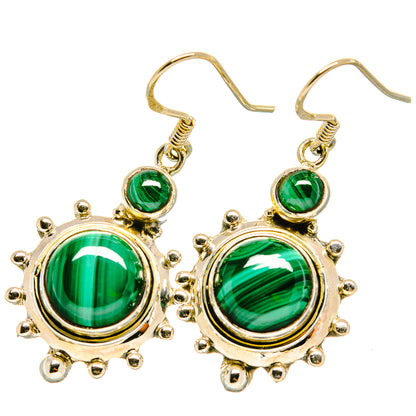 Round green malachite drop earrings with ornate bezel and gold-tone hooks