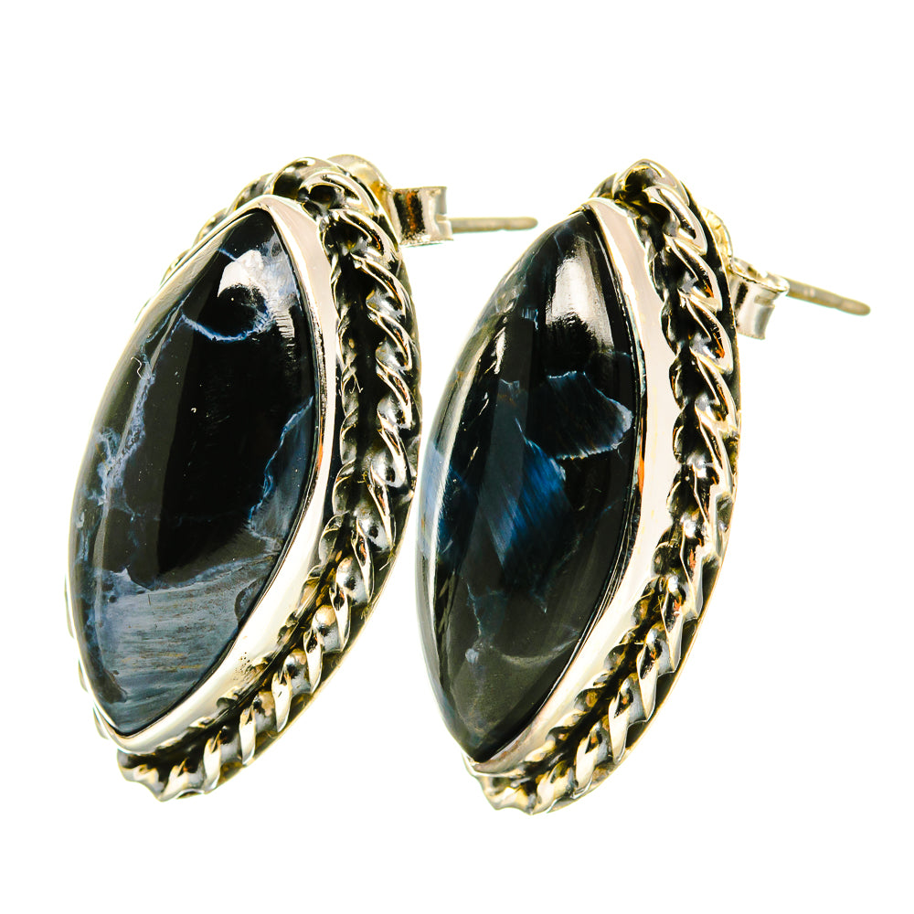 Pair of oval pietersite stud earrings, blue-black cabochons, 925 sterling silver bezel