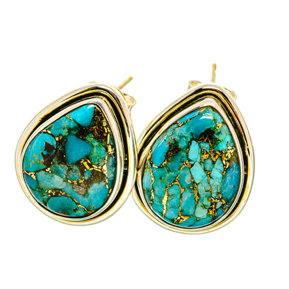 Sterling silver turquoise teardrop stud earrings with blue-green stone and gold matrix