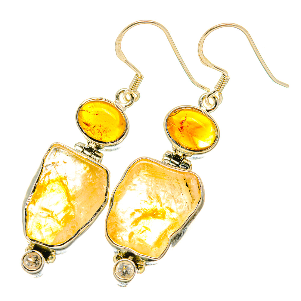 Rough citrine drop earrings, round amber drops and rough yellow stones, sterling silver
