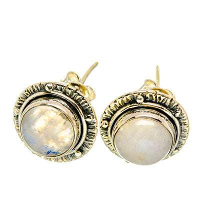 Round moonstone stud earrings with textured sterling silver setting and metal posts