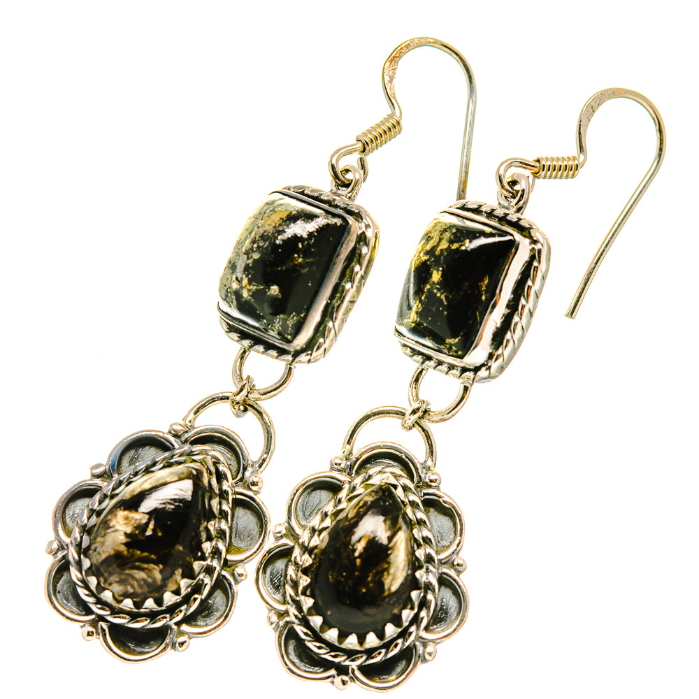 Drop earrings with rectangular green-black gemstones and ornate silver filigree dangles