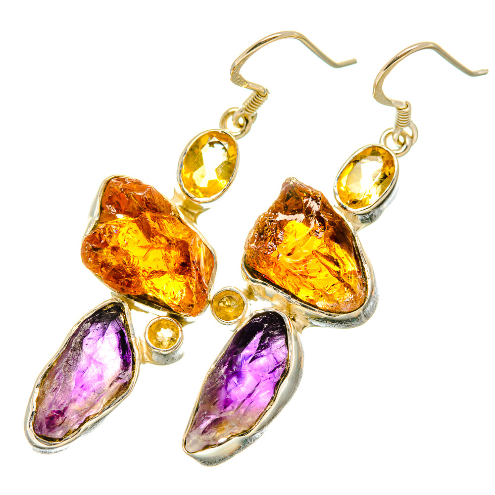 Rough amethyst and citrine drop earrings with 925 silver hooks, purple and yellow stones