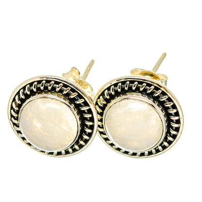 Moonstone stud earrings, round iridescent white stones with beaded halo and post backs