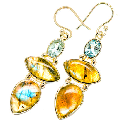 Gold-tone teardrop labradorite and blue topaz earrings with 4 stones, hook backs